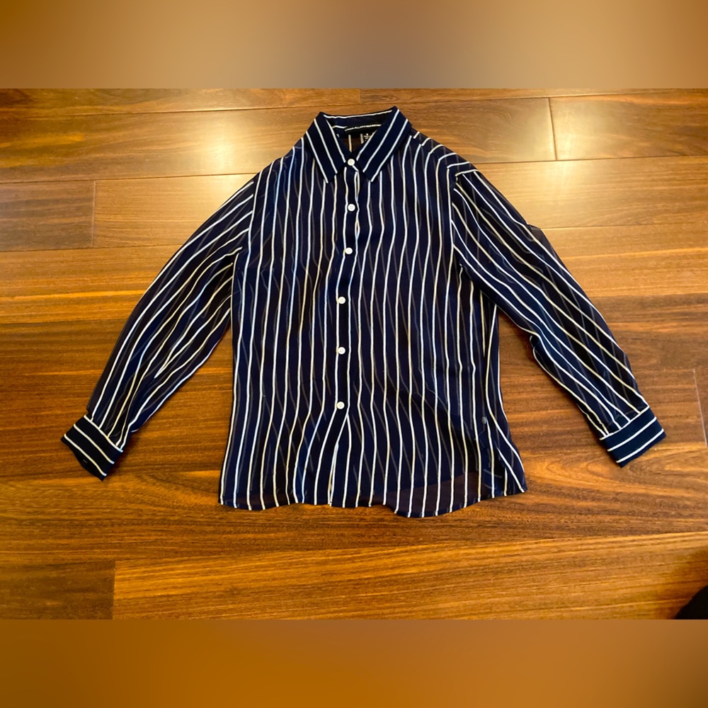 Women’s Sheer Navy Stripe Long Sleeve Blouse with Buttons